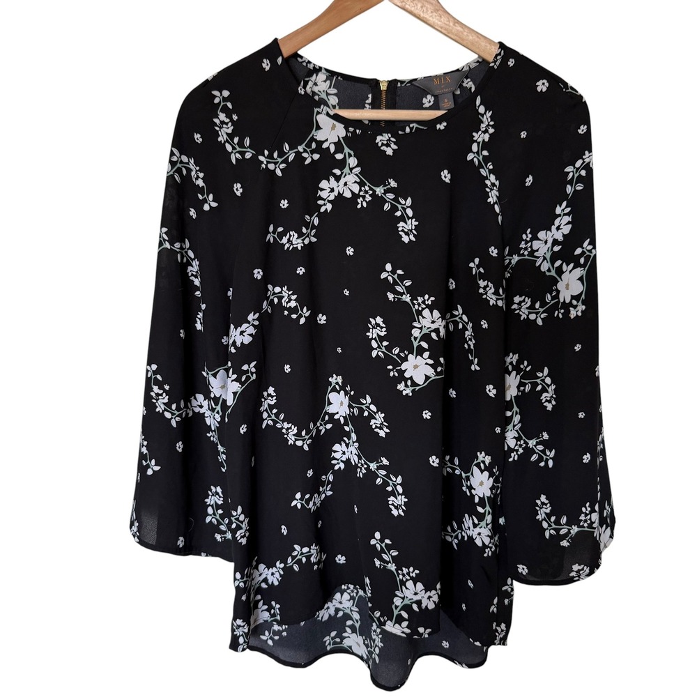 Mix by 41 Hawthorn Floral Blouse Womens S Black Excellent 3/4 Sleeve High-Low